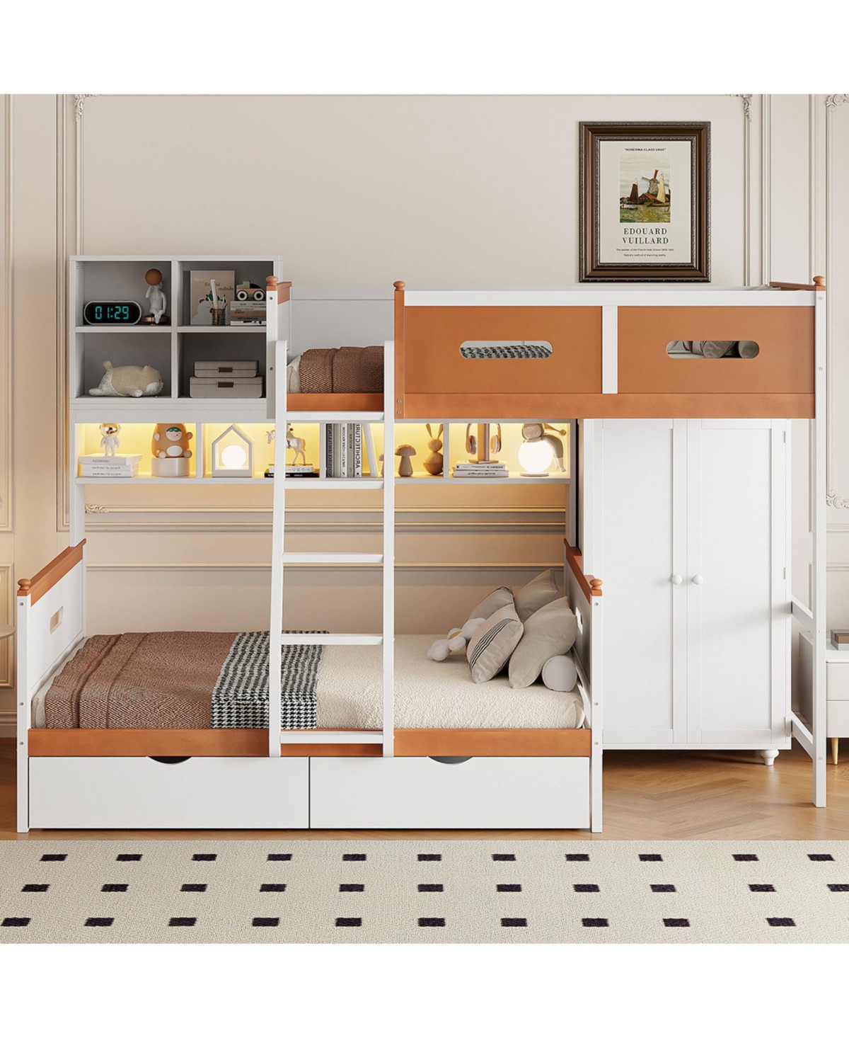 Streamdale Furniture Twin Over Full Bunk Bed Wardrobe, Drawers, Shelves & Led