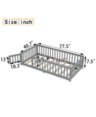 Twin Floor Bed with Guardrails & Door - Gray