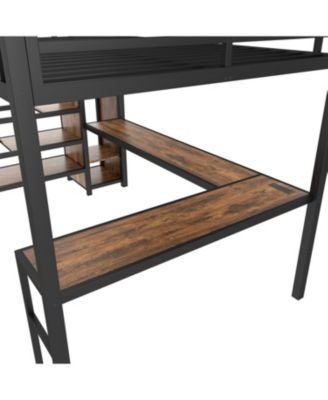 Queen Loft Bed with Desk, Wardrobe, Shelf & LED - Wood-grain