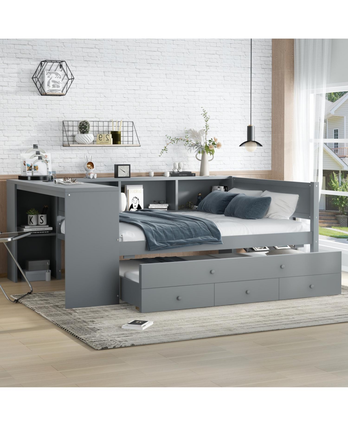 Streamdale Furniture Gray Daybed with Trundle, Storage, Desk & Shelves