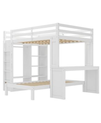 Queen over Twin Bunk Bed with Desk, Shelves & Wardrobe - White