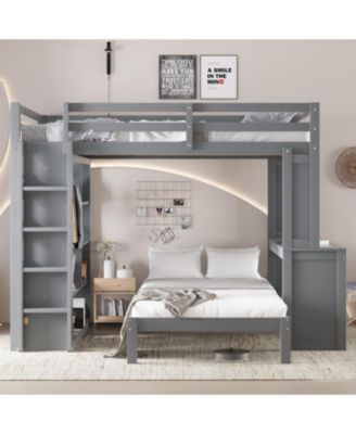 Queen over Twin Bunk Bed with Desk, Shelves & Wardrobe