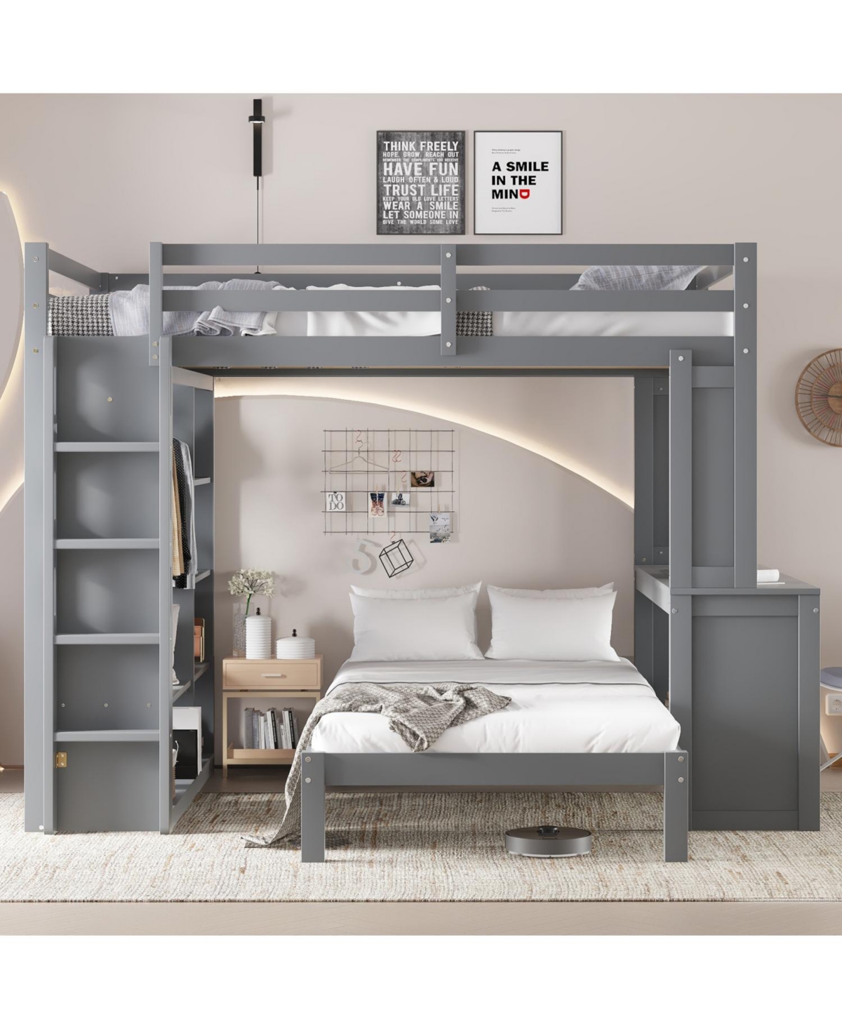 Streamdale Furniture Queen over Twin Bunk Bed with Desk, Shelves & Wardrobe
