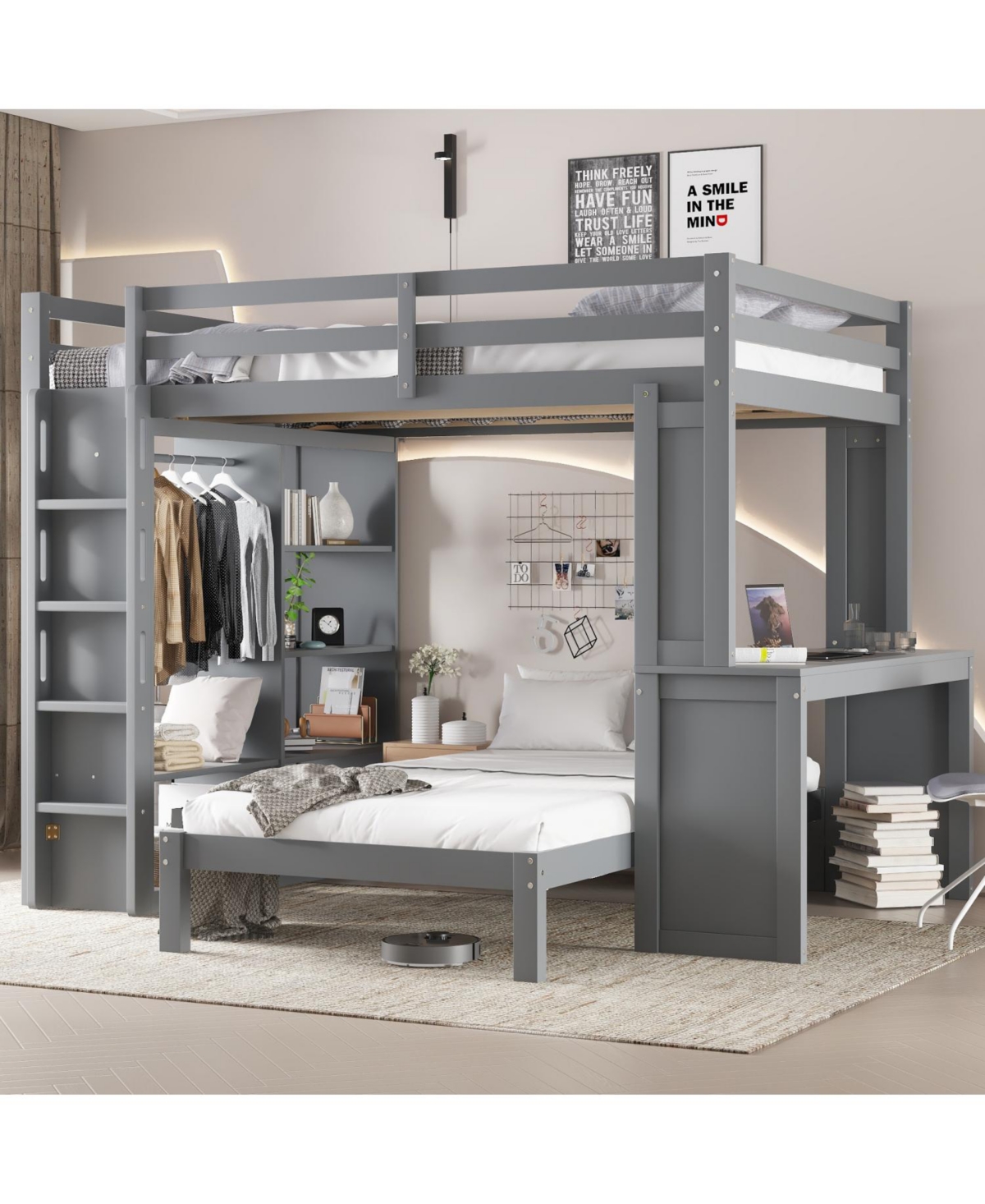 Streamdale Furniture Queen over Twin Bunk Bed with Desk, Shelves & Wardrobe