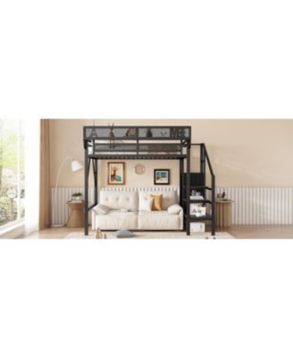 Streamdale Twin/Full Metal Loft Bed with Stairs, Shelves & Wardrobe - Black