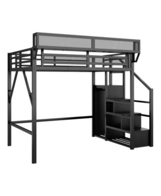 Full Size Metal Loft Bed with Stairs, Storage & Wardrobe - Black