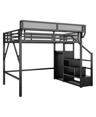 Streamdale Queen Loft Bed with Stairs, Metal Frame, Storage Shelves & Wardrobe