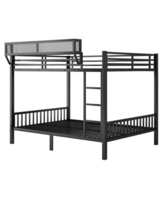 Queen Over Queen Metal Bunk Bed w/ Ladder & Shelf, Black