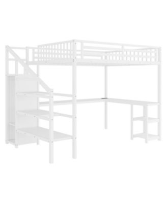 Loft Bed with Wardrobe, Desk, & LED - White