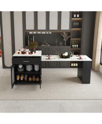  Expandable Kitchen Island, Marble Top, Power Outlet, Storage Cart - Black
