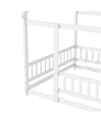 Full Size House Floor Wooden Bed with Roof Frame, Safety Guardrails