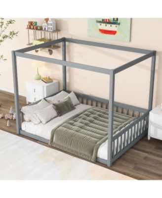 Full Size Canopy Frame Rubber Wood Floor Bed with Fence,Guardrails
