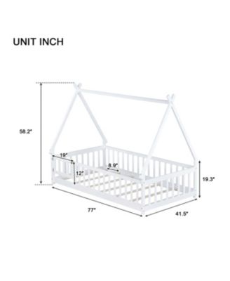  Twin Tent-shaped Floor Bed,Teepee Bed with Guardrails,Slats and Door
