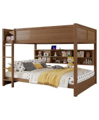 Queen Over Queen Bunk Bed with Storage, Ladder & Charging