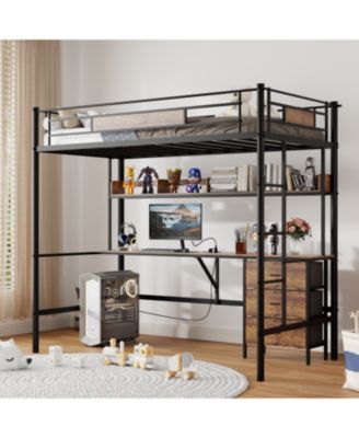  Loft Bed Twin with L-Desk, Charging Station, Drawers & Shelves - Brown