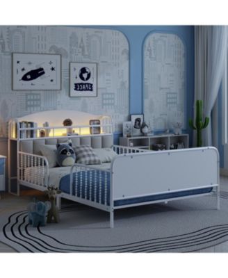 Full Size Metal Platform Bed with Storage Headboard