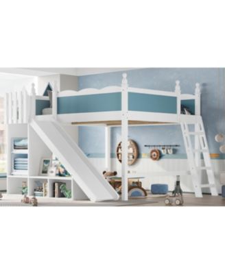Queen Loft Bed with Storage Shelves, Cabinet, Slide & Ladder (Blue/White)