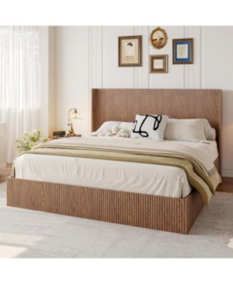 Large grooved undulating lift storage bed frame, rustic brown (King)