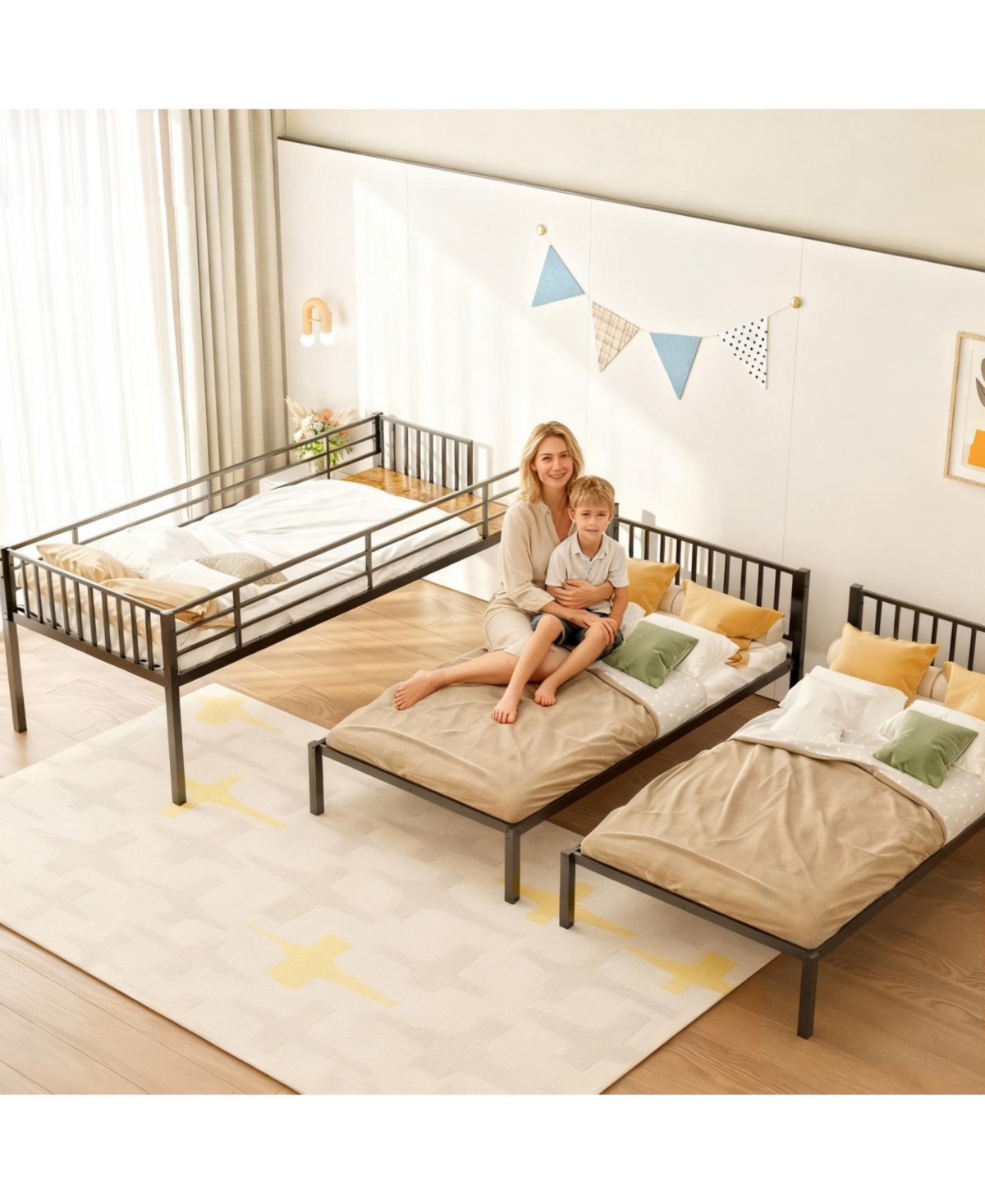 Streamdale Furniture Triple Metal Bunk Bed for Kids - Black, Noise Reduced, Separates into 3 Twin Beds