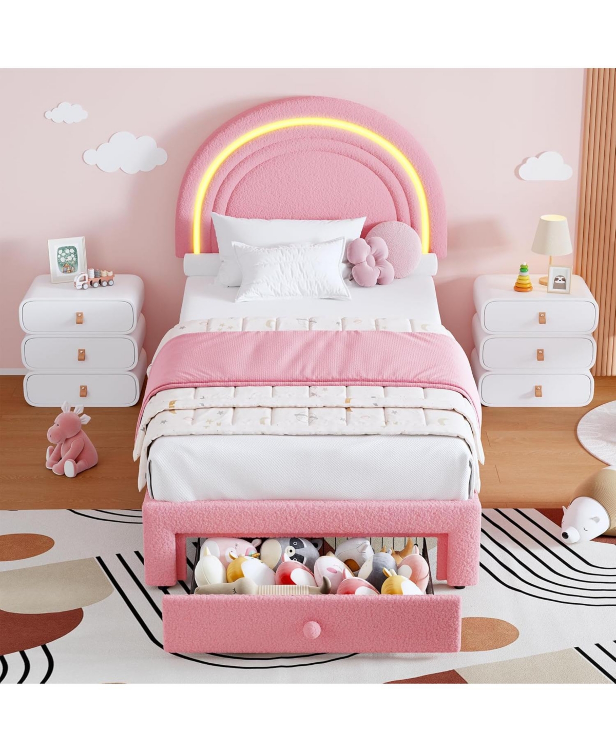 gaomon Twin Led Bed Frame Storage Drawer Rainbow Headboard Berber Fleece Princess Platform for Kids Solid Wood Slat Support No Box Spring Easy