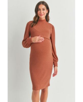 Maternity Double Layer Mock Neck Ribbed Nursing Dress