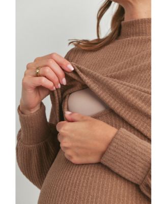 Maternity Double Layer Mock Neck Ribbed Nursing Dress