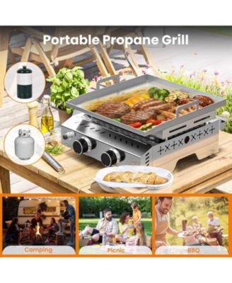 Portable Propane Griddle, 16000BTU Tabletop Portable Propane Gas Grill with 2 Burners, Stainless Steel Flat Top Grill, Outdoor Cooking