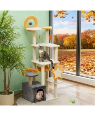 63" Moon & Star Themed Cat Tree with Condo, Scratching Posts & Cat Bed