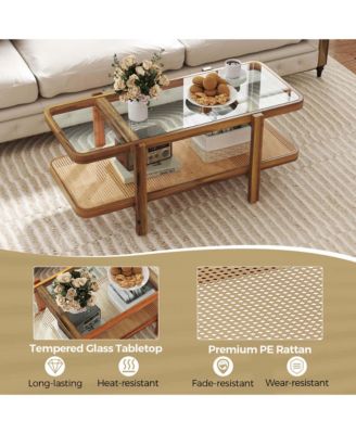 2-Tier Rustic Coffee Table with Storage Tempered Glass Tabletop PE Rattan Shelf