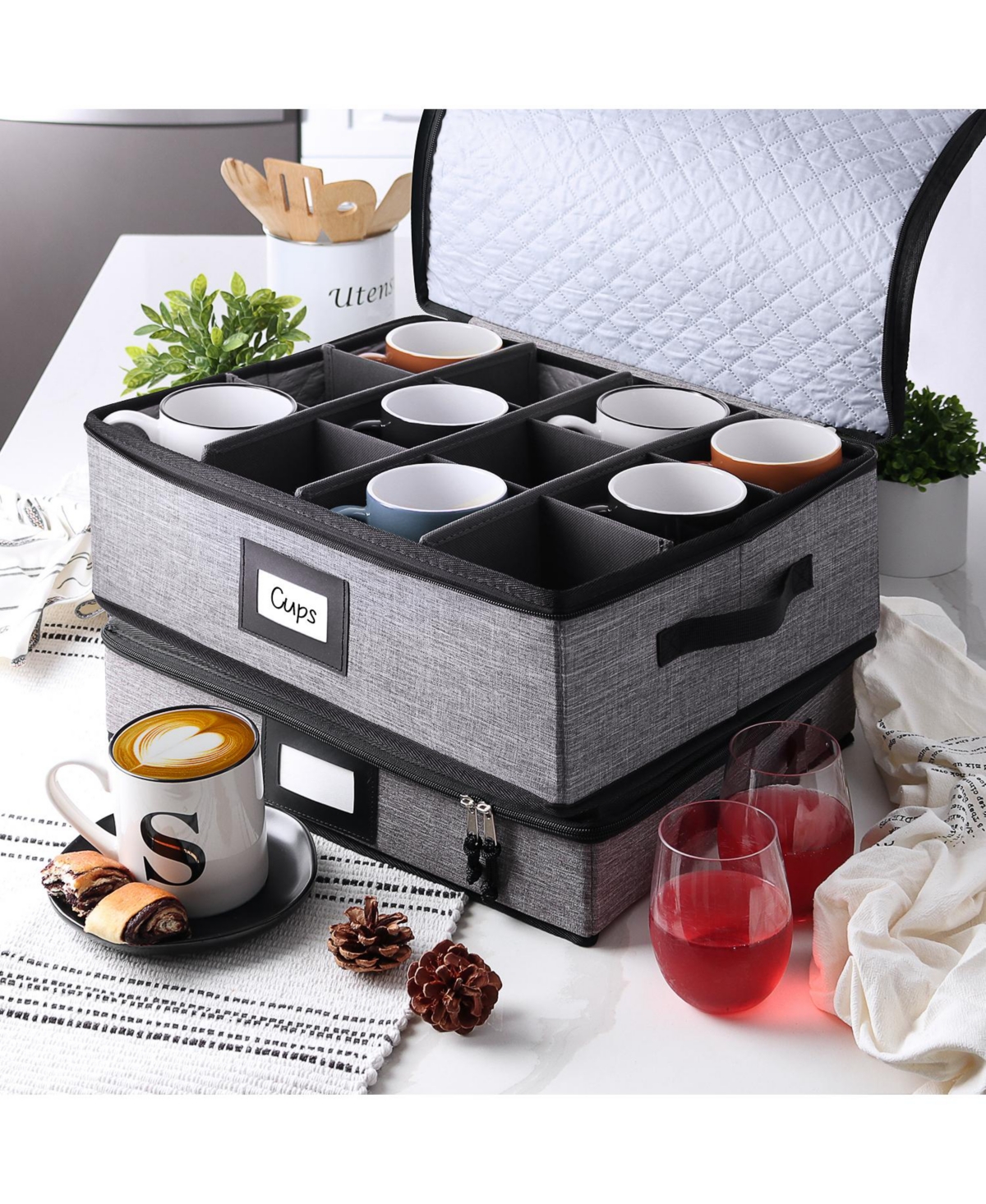 StorageBud Coffee Mug Storage, 2 Pack Quilted and Stackable Coffee Cup Storage Organizer for Service of 24, Mug Storage Box with Dividers