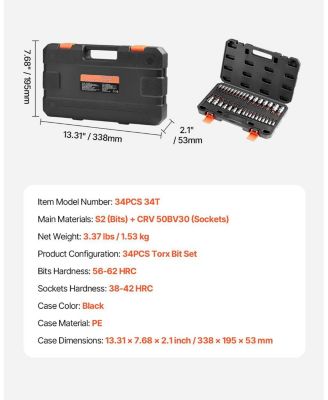 34-Piece Torx Bit Socket Set with Tamper-Proof & Standard Sizes