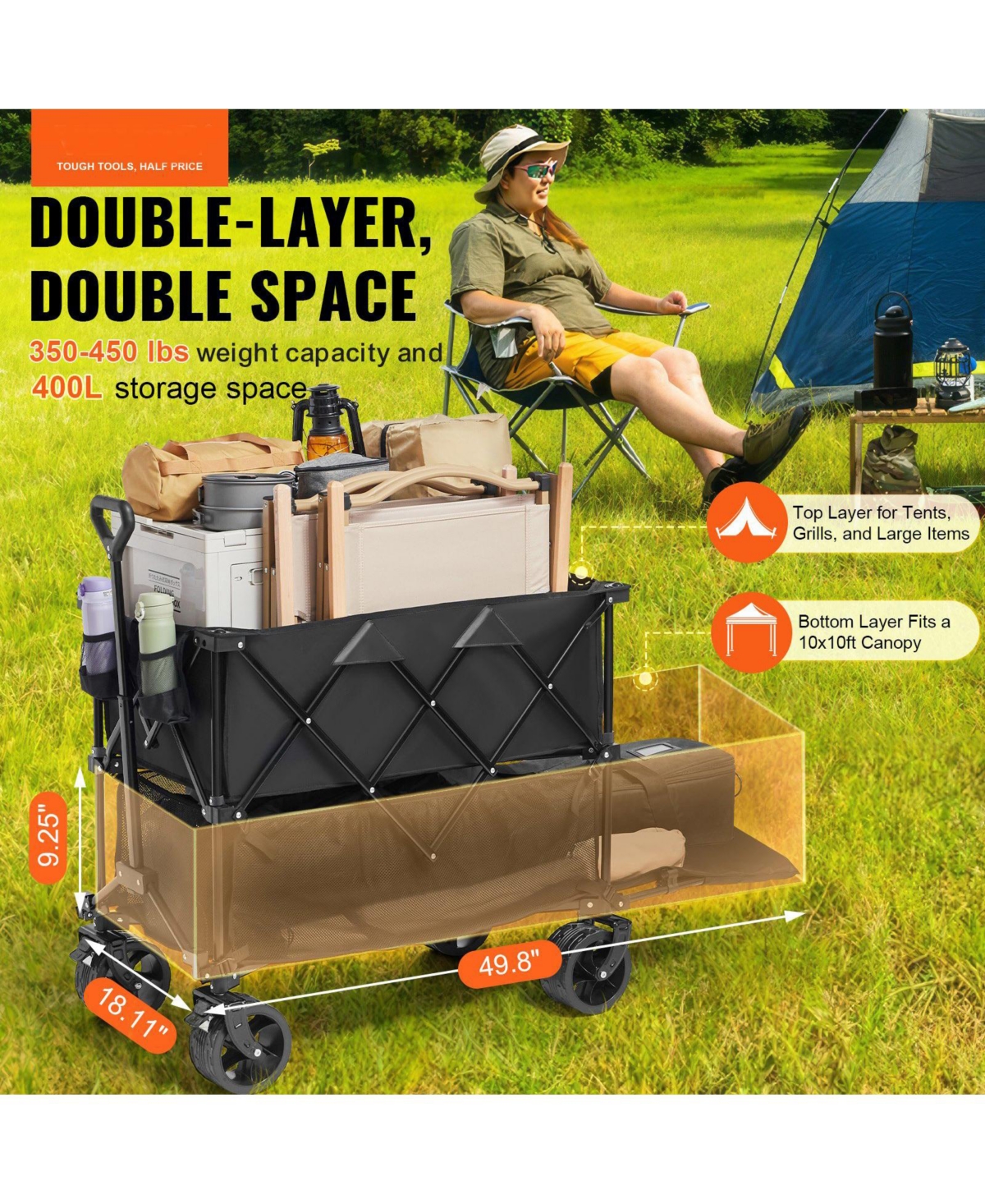 Sugfit 400L Double Decker Wagon with Extended Handle & Heavy-Duty Frame