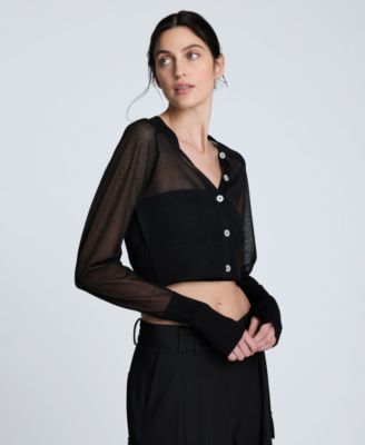 Women's Long Sleeve Sheer Cropped Cardigan Sweater