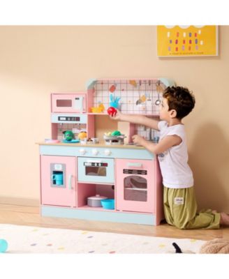 Wooden Play Kitchen Set with Electronic Sounds & LED Lights, Pink