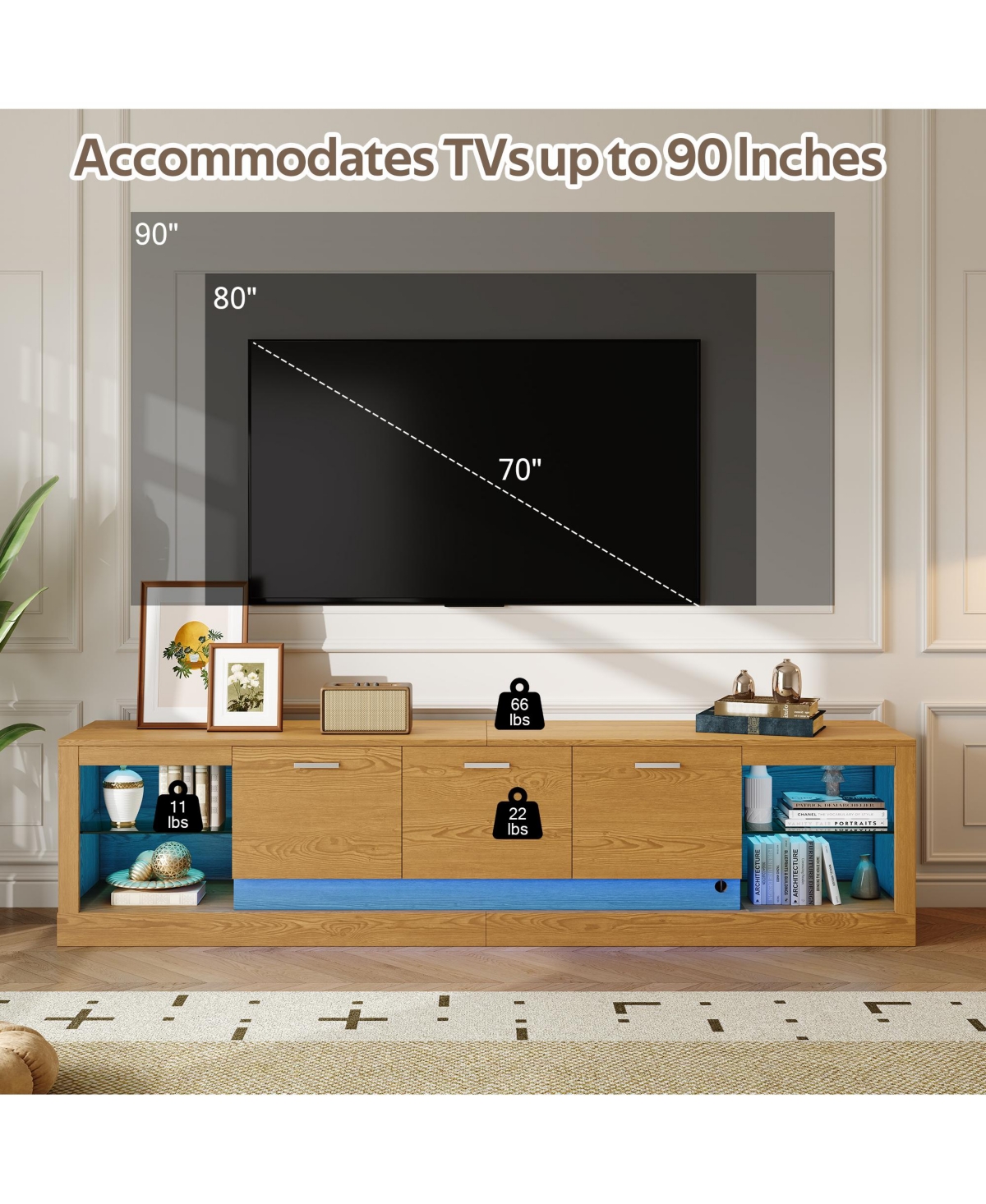 sumyeg 78" Modern Tv Stand for 90" TVs, Entertainment Center with 6 Cabinets & 2 Open Shelves