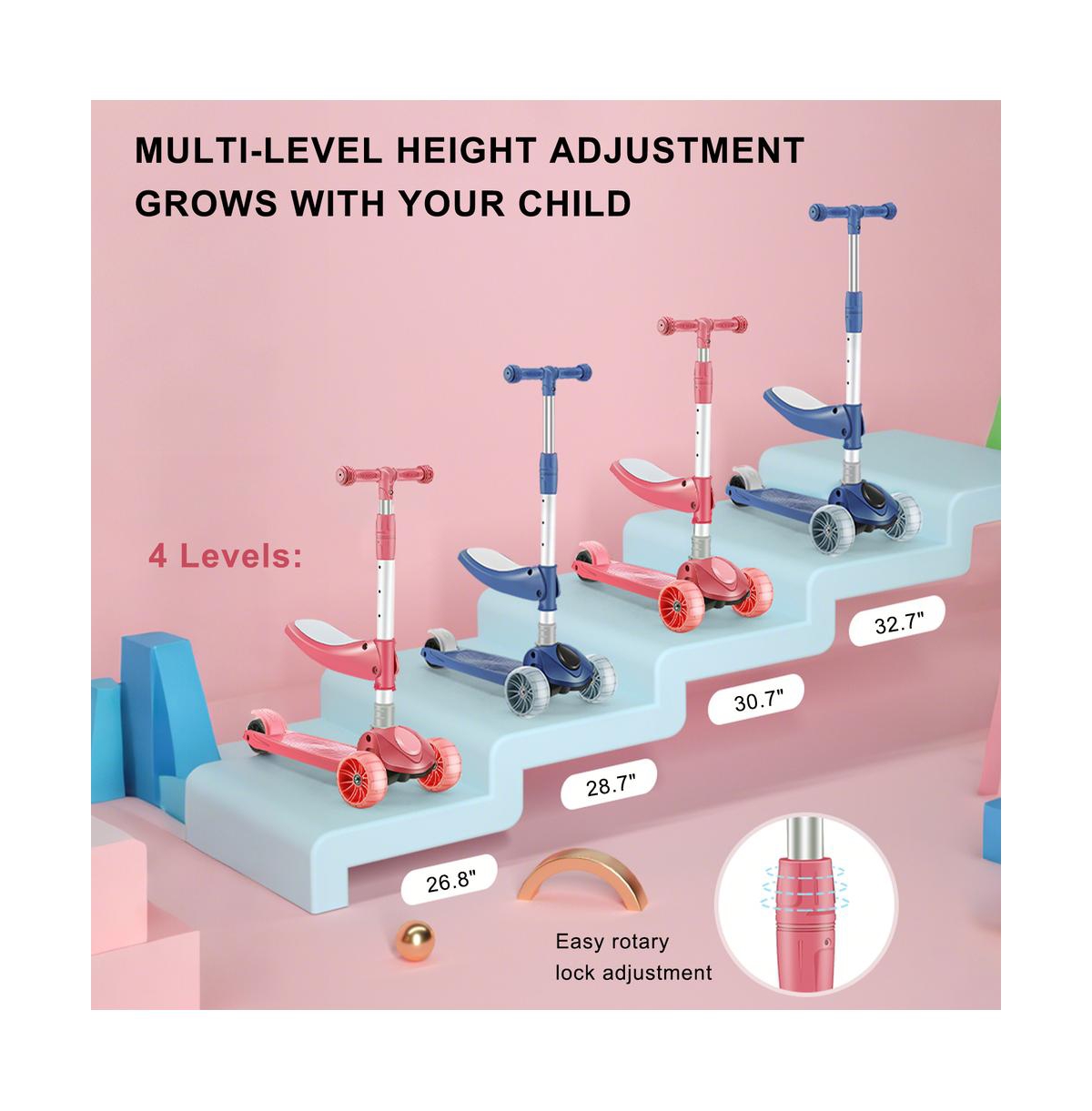 Bruce & Shark Foldable 3-Wheel Kids Scooter with Lean-to-Steer Balance, Lights Music for Early Riding Fun