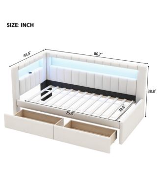 Upholstered Twin Size Platform Bed with USB Ports and LED Belt With 2 Drawers White