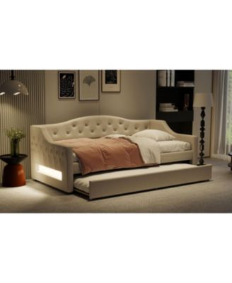 Upholstered Twin XL Size Daybed with LED Belt and Trundle
