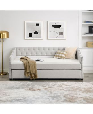 Twin Size Daybed with Twin Size Trundle Upholstered Tufted Sofa Bed with Button on Back and Copper Nail on Waved Shape Arms