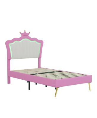 Twin Upholstered Bed with LED Lights & Crown Headboard, Pink/White Princess Style