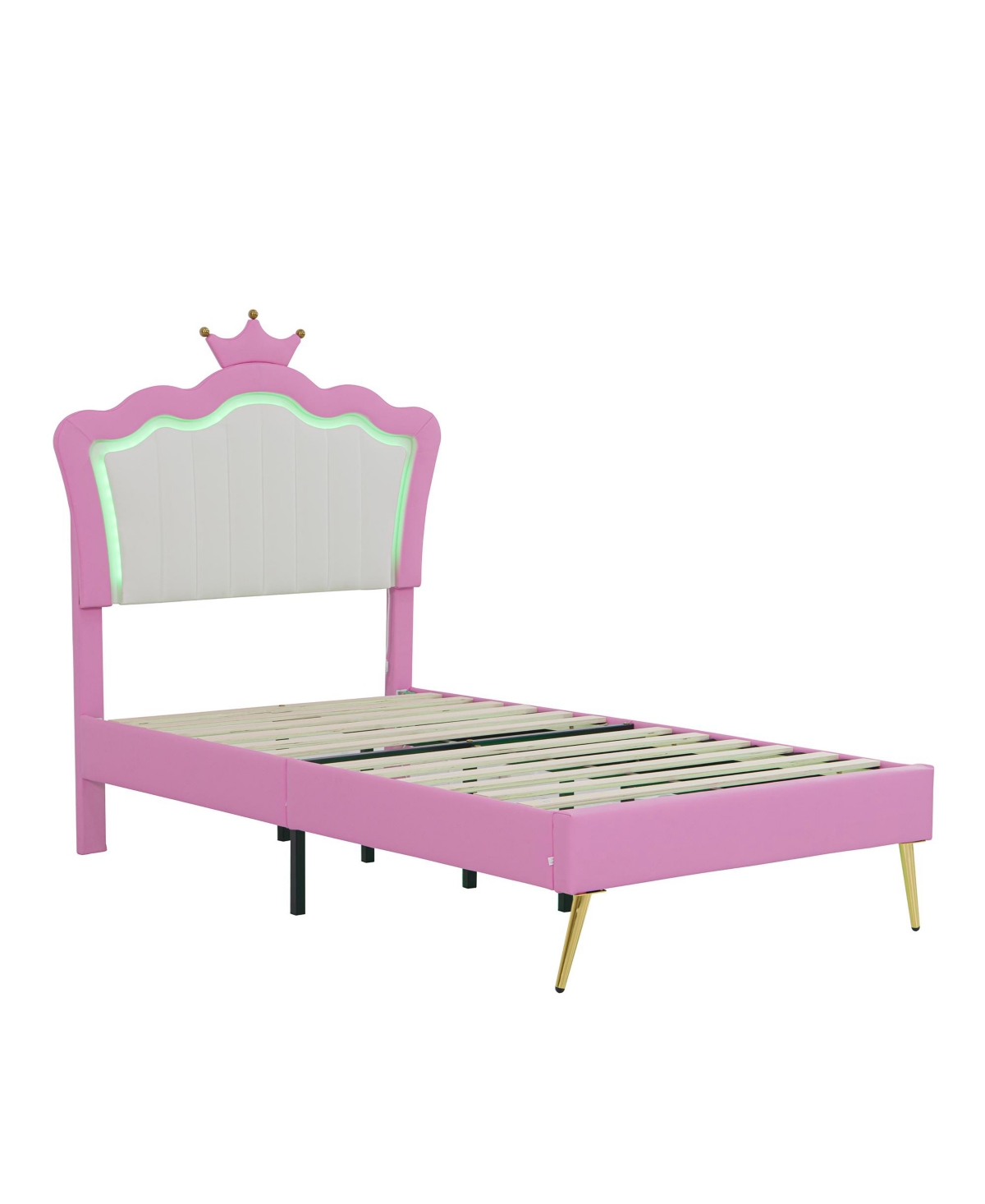 Lovmor Twin Upholstered Bed with Led Lights & Crown Headboard, Pink/White Princess Style