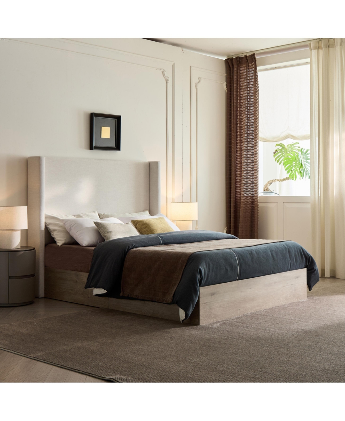 Lovmor Shelton Upholstered Wingback Bed Wood Base Modern Farmhouse Neutral Scandinavian Queen Textured Ivory Canvas Chenille