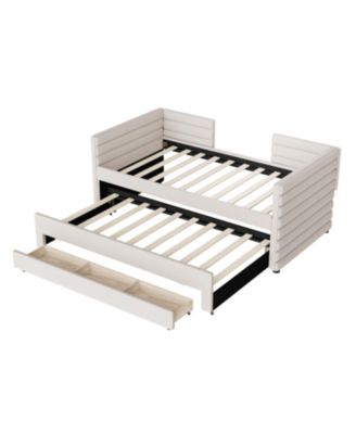 Twin Size Upholstered Daybed with Trundle and 3 Storage Drawers Space-Saving Modern Day Bed Frame No Box Spring Needed