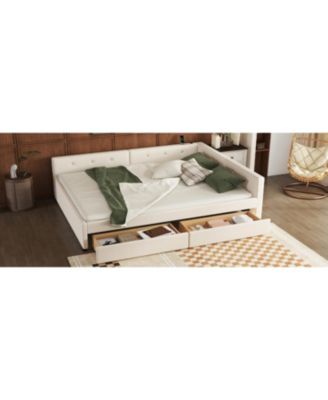 Queen Size Upholstered Platform Bed with USB and 2 Drawers Beige