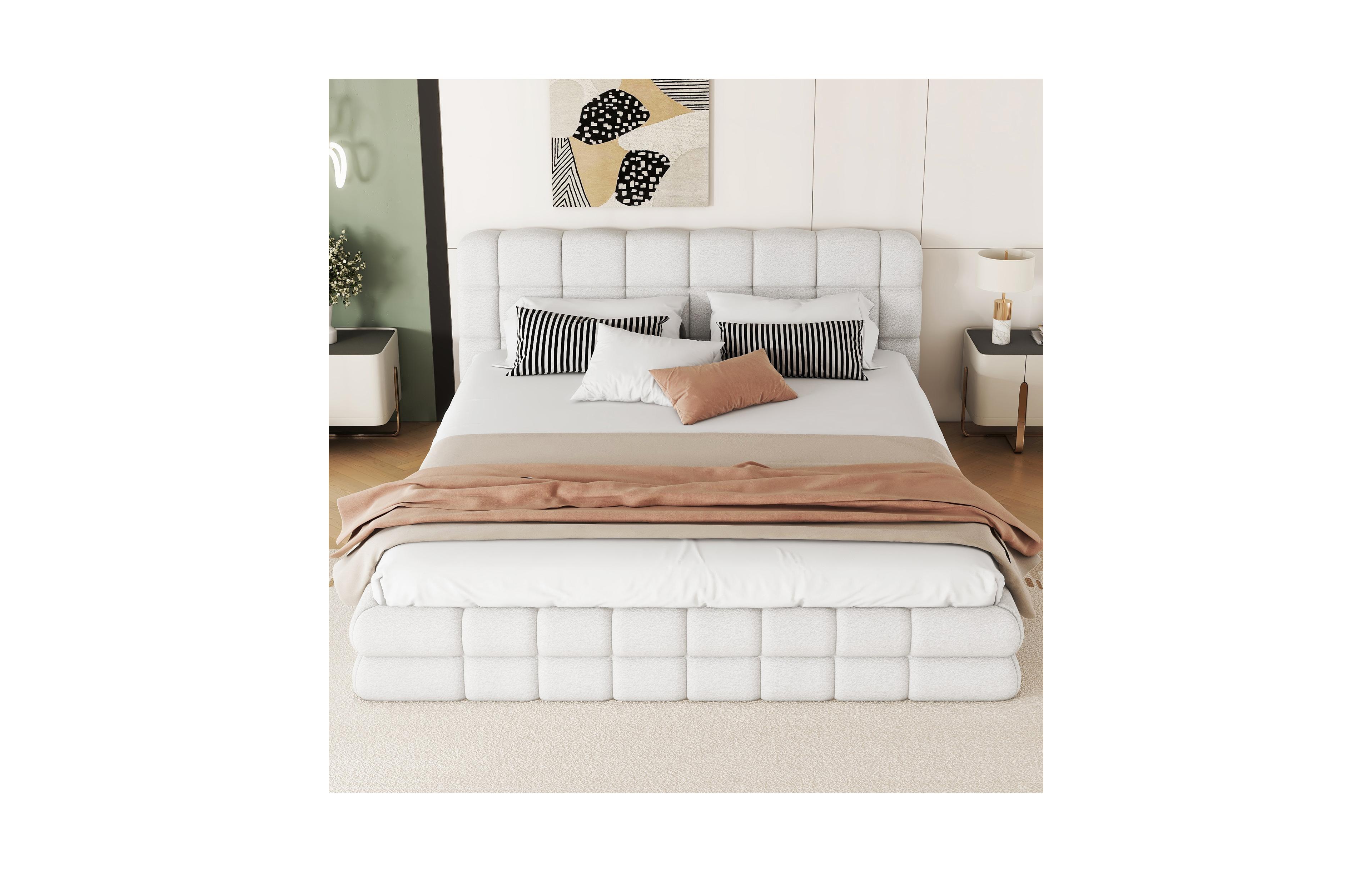 Lovmor Queen Size 51" High Headboard Wingback Linen Upholstered Bed No Box Spring Needed Beige