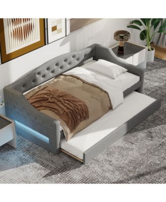 Upholstered Twin XL Size Daybed with LED Belt and Trundle Gray