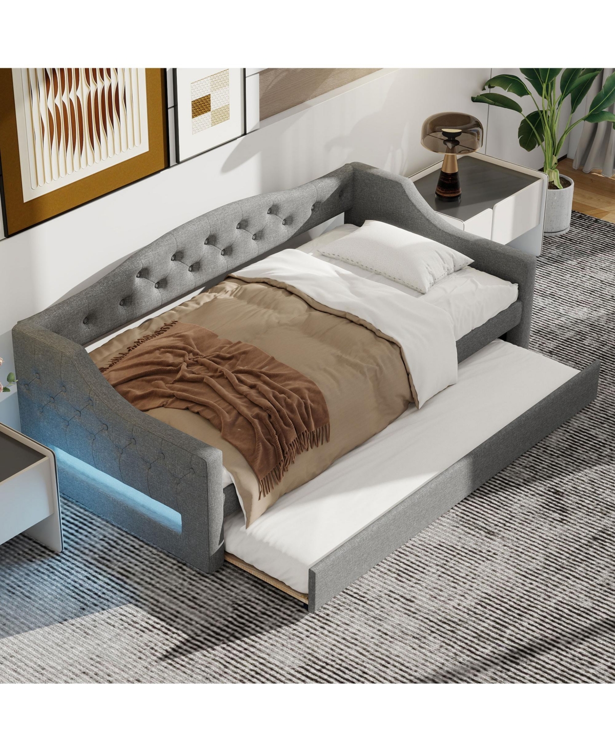 Upholstered Twin Xl Size Daybed with Led Belt and Trundle Gray