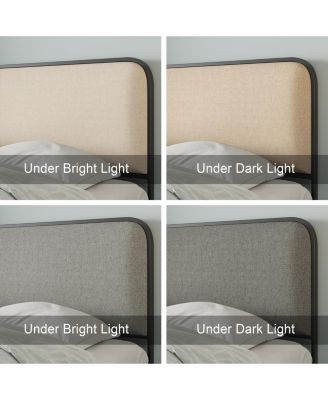 Modern Metal Bed Frame with Curved Upholstered Headboard and Footboard Bed with 4 Storage Drawers Heavy Duty Metal Slats King Size Beige