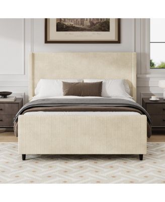 High Headboard Corduroy Upholstered Bed Frame with Vertical Stripe Wingback and High Footboard No Box Spring Needed Queen Size Cream