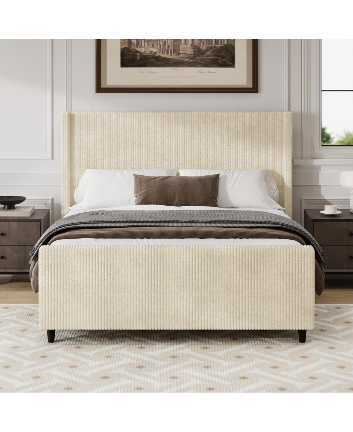 Lovmor High Headboard Corduroy Upholstered Bed Frame with Vertical Stripe Wingback and High Footboard No Box Spring Needed Queen Size Cream